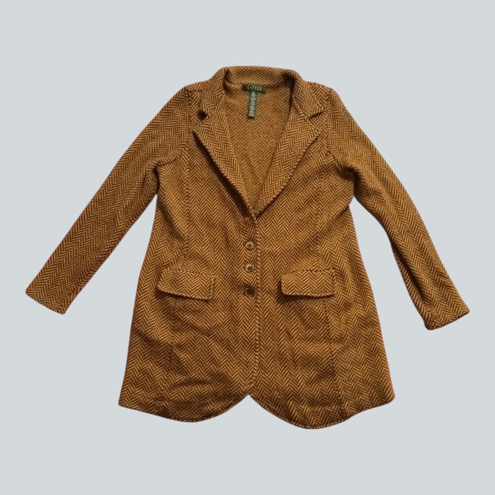 Lauren Ralph Lauren 1X Herringbone Knit Blazer Jacket Brown Wool Cashmere